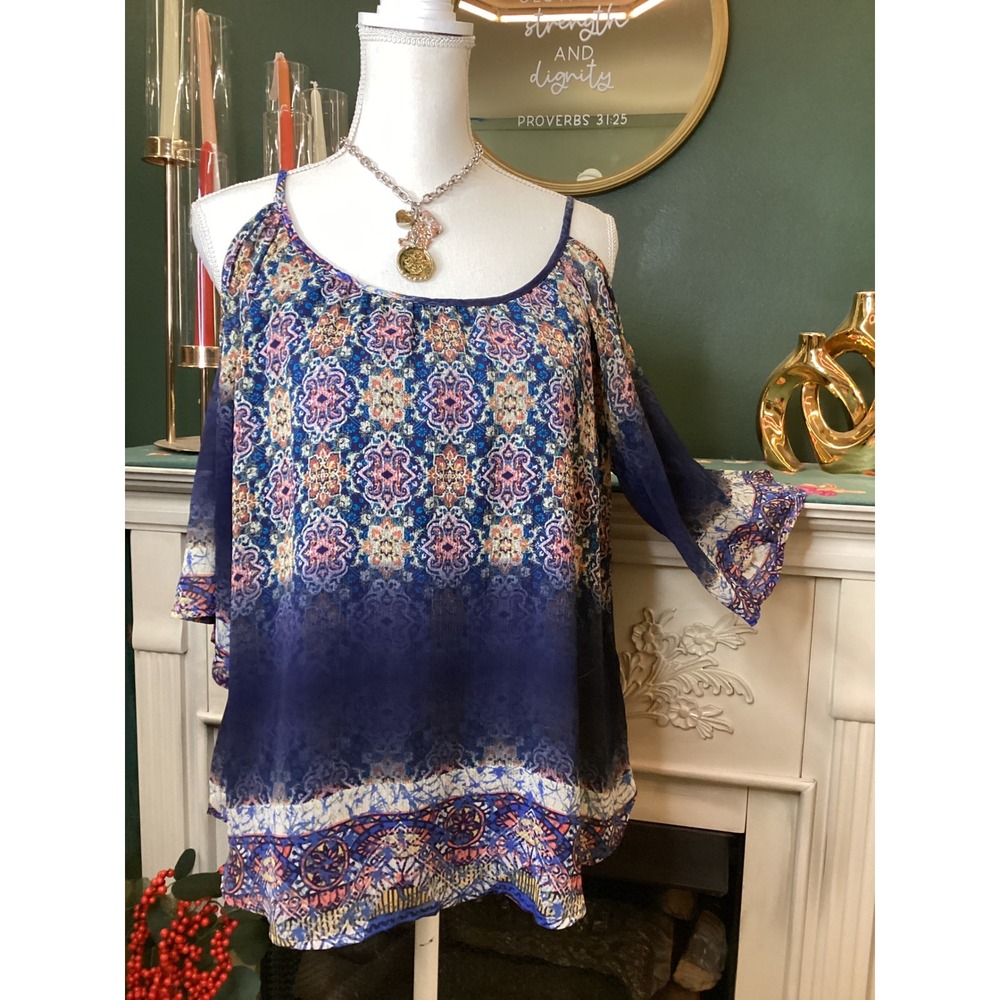 Daytrip Cold Shoulder Top‎ Sz Large Blue Medallion Boho Chiffon Blouse